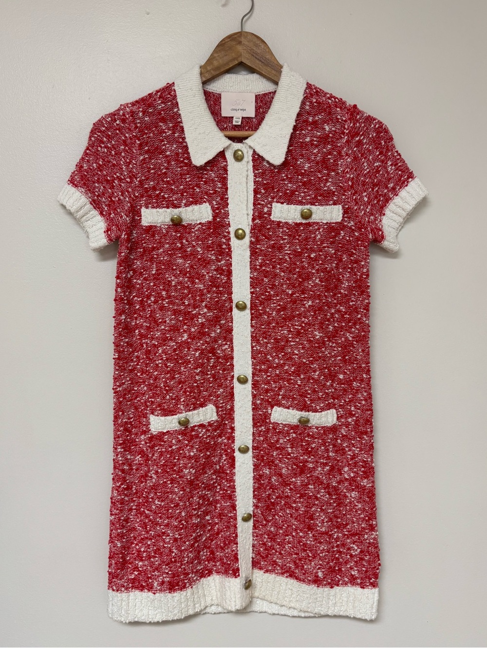Cinq à Sept Red Ivory Bouclé Knit Collared Sweater Dress Preppy Holiday XXS